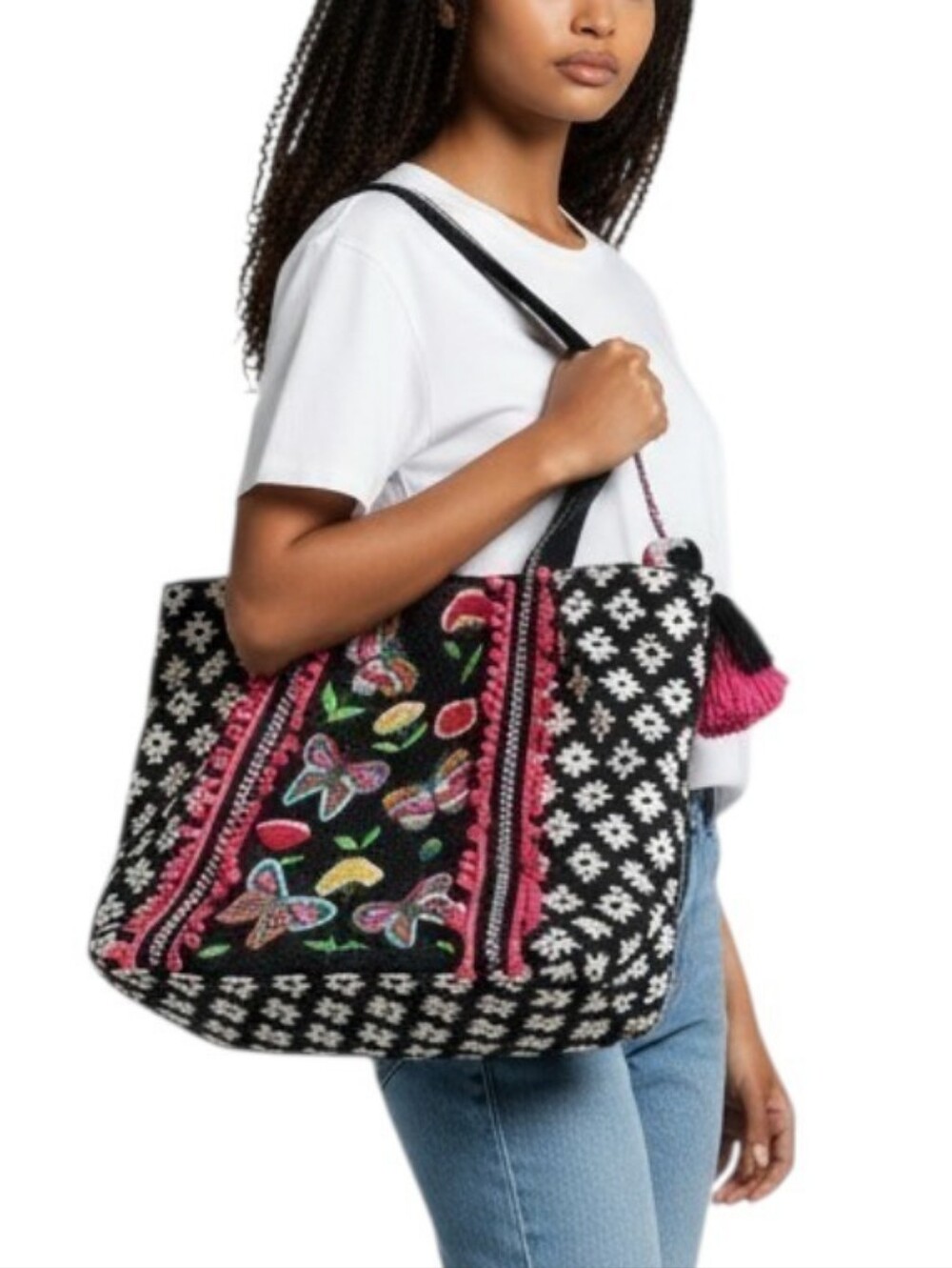 America & Beyond Beaded Embroidered Butterfly Floral Tote Shoulder Bag Like New